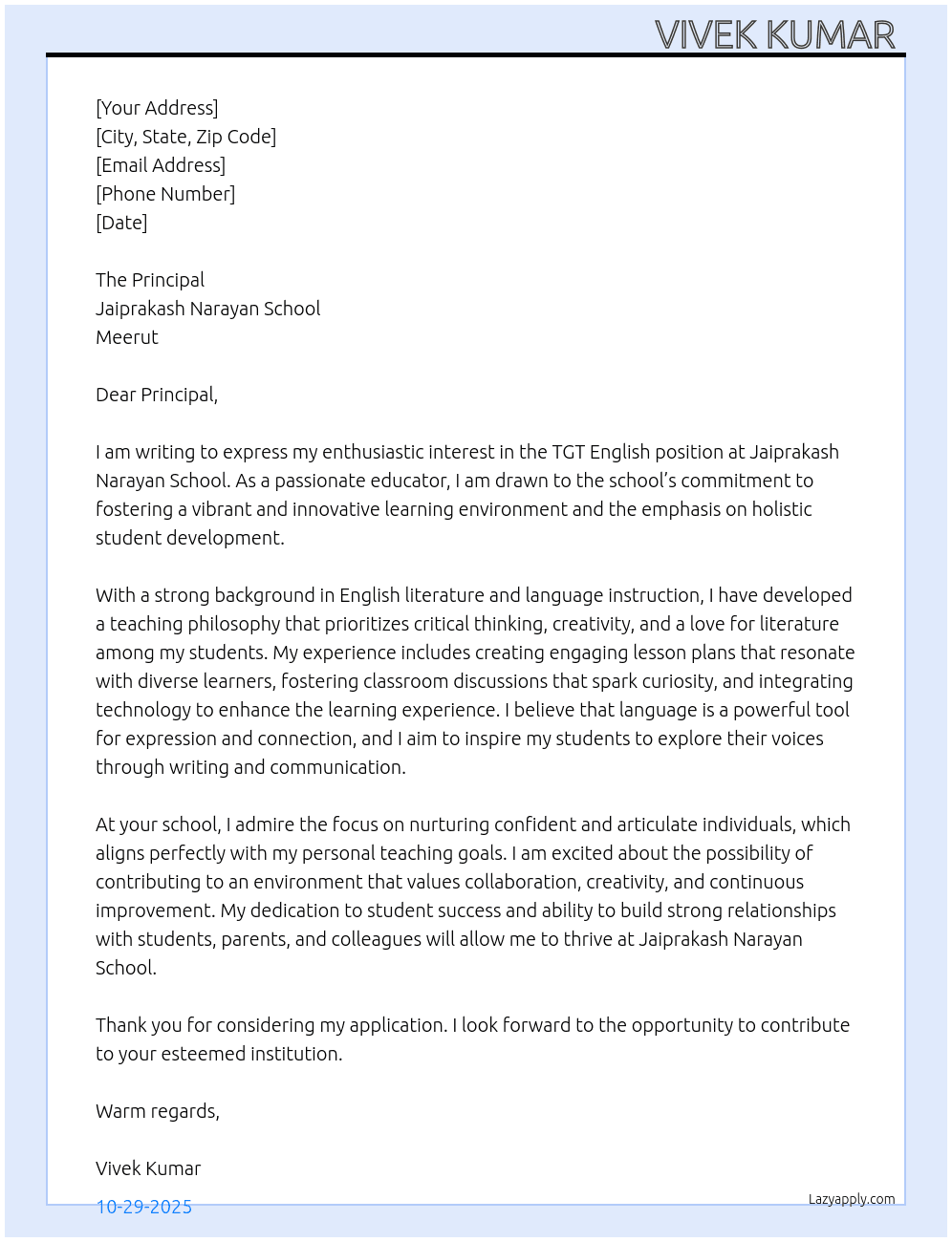 For the post TGT english  At The principal Jaiprakash Narayan School Merut  Cover Letter