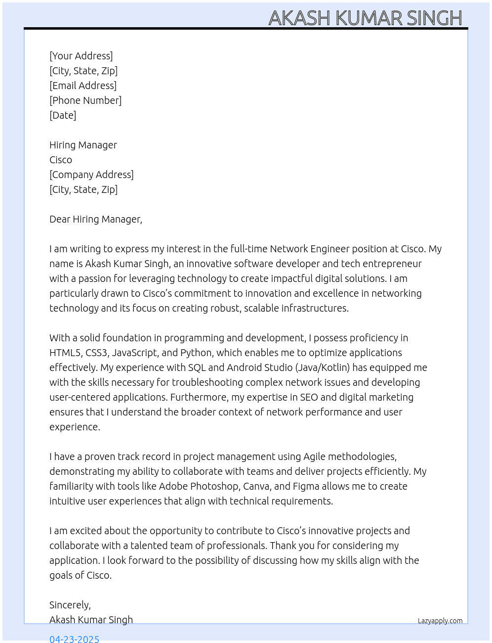 Network engineer  At Cisco  Cover Letter