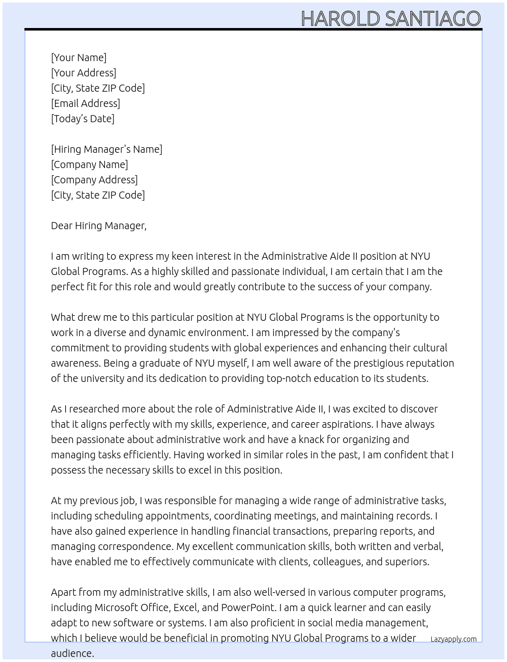 Administrative Aide II At NYU Global Programs Cover Letter