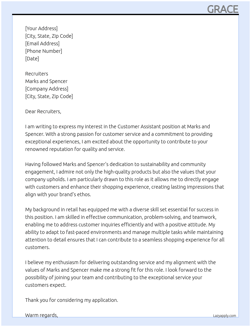 customer assistant  At marks and spencers  Cover Letter