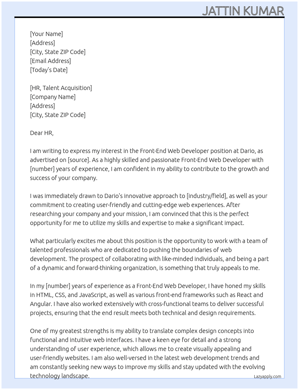 Front-End Web Developer At Dario Cover Letter