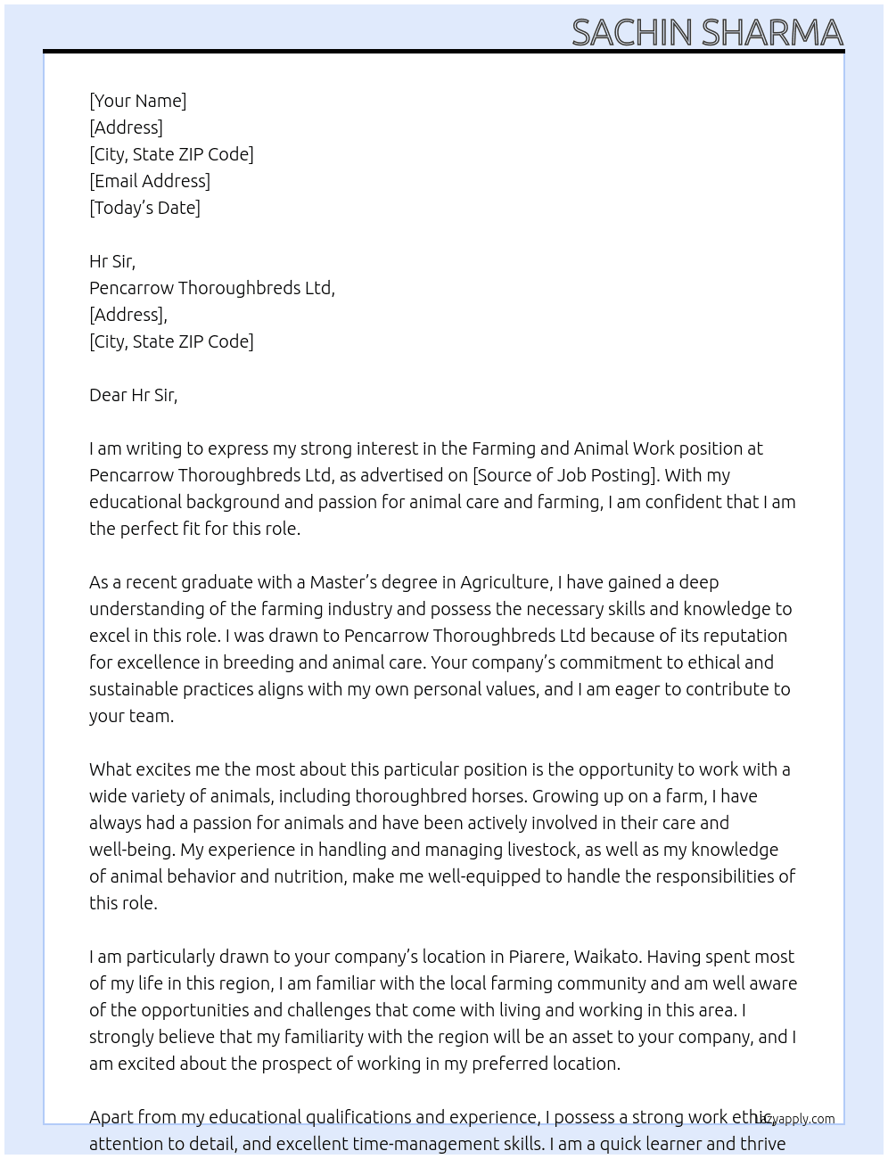 Farming and animal work  At Pencarrow thoroughbreds ltd Cover Letter