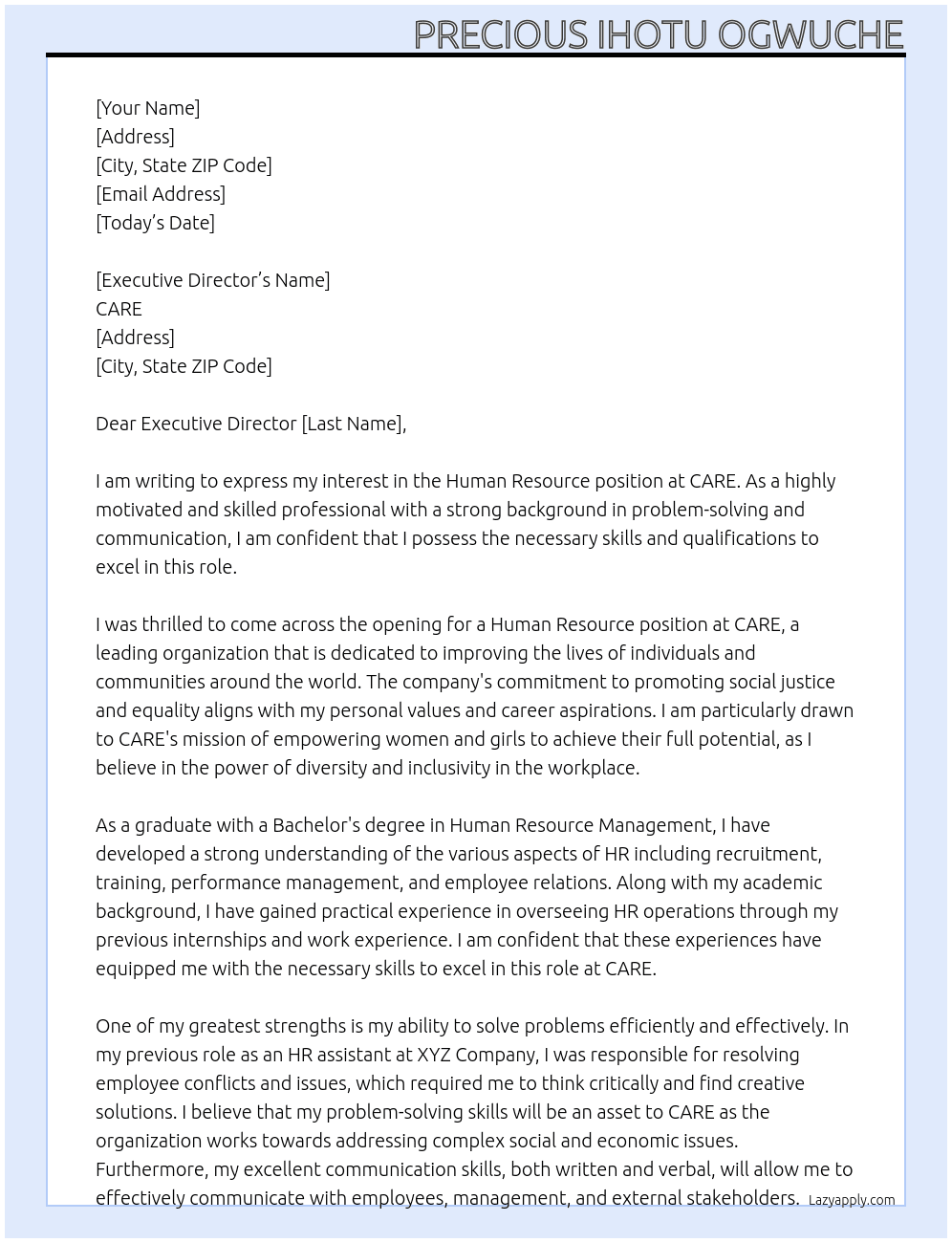 Human resource  At CARE  Cover Letter