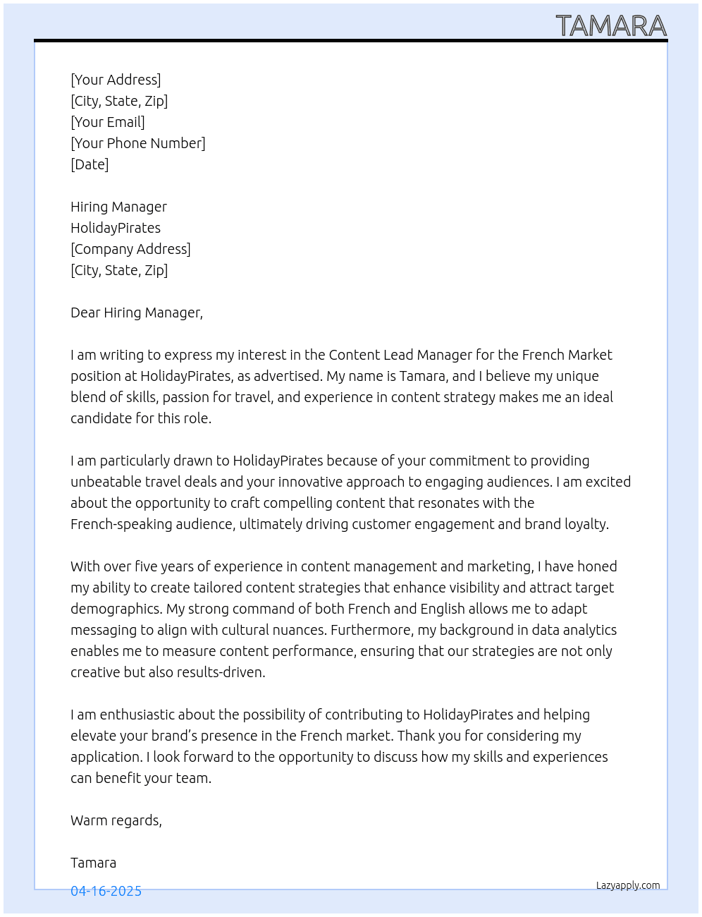 Content lead manager french market At HolidayPirates  Cover Letter