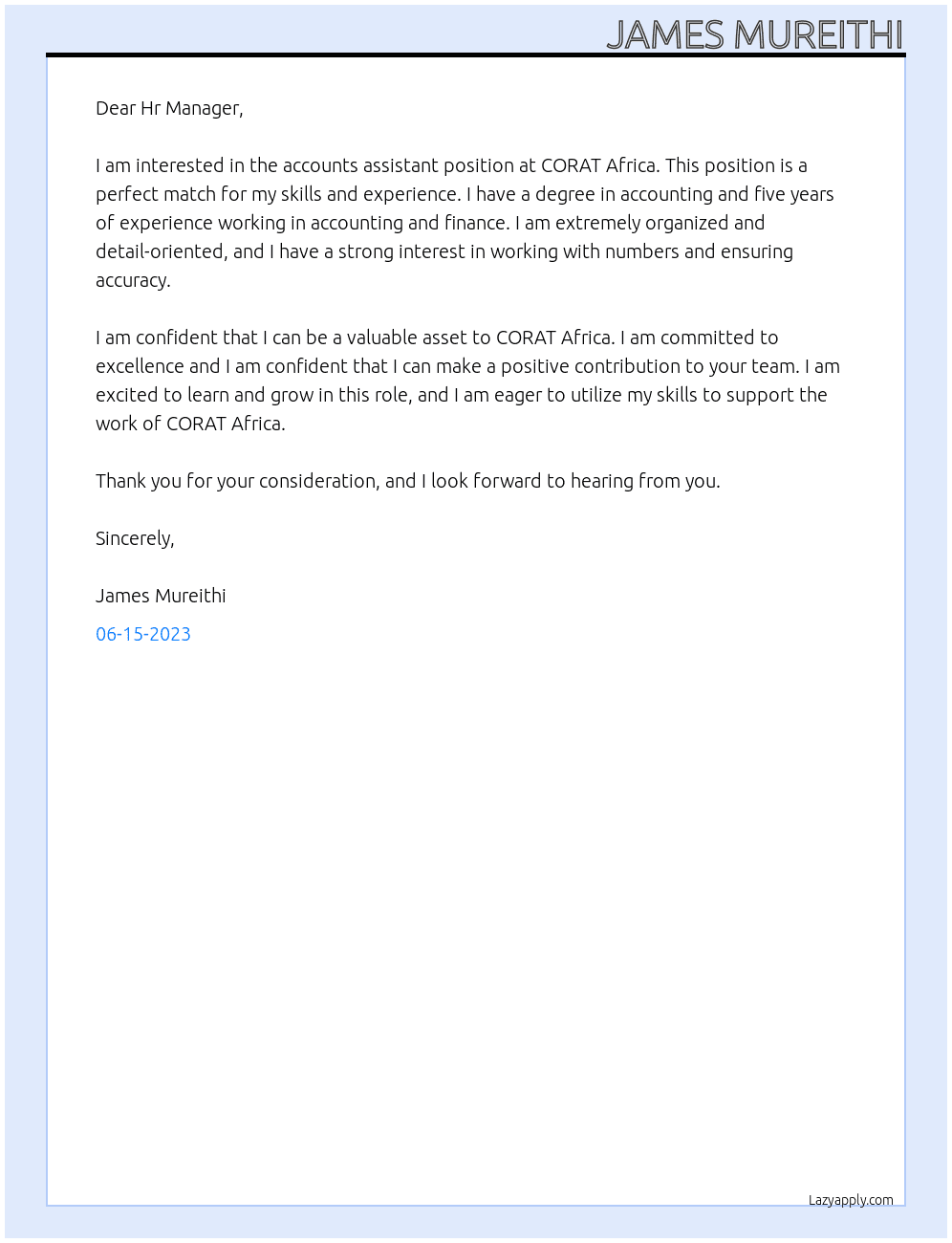 Accounts assistant At CORAT Africa Cover Letter