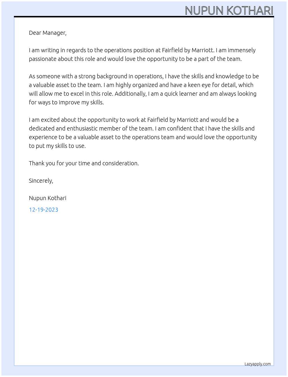 operation At Fairfield by Marriott  Cover Letter