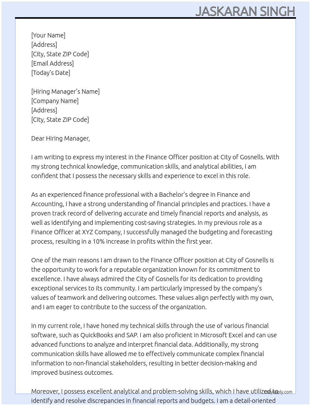 Finance Officer At City of Gosnells Cover Letter