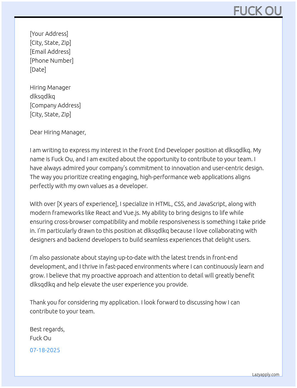 front end developer At dlksqdlkq Cover Letter