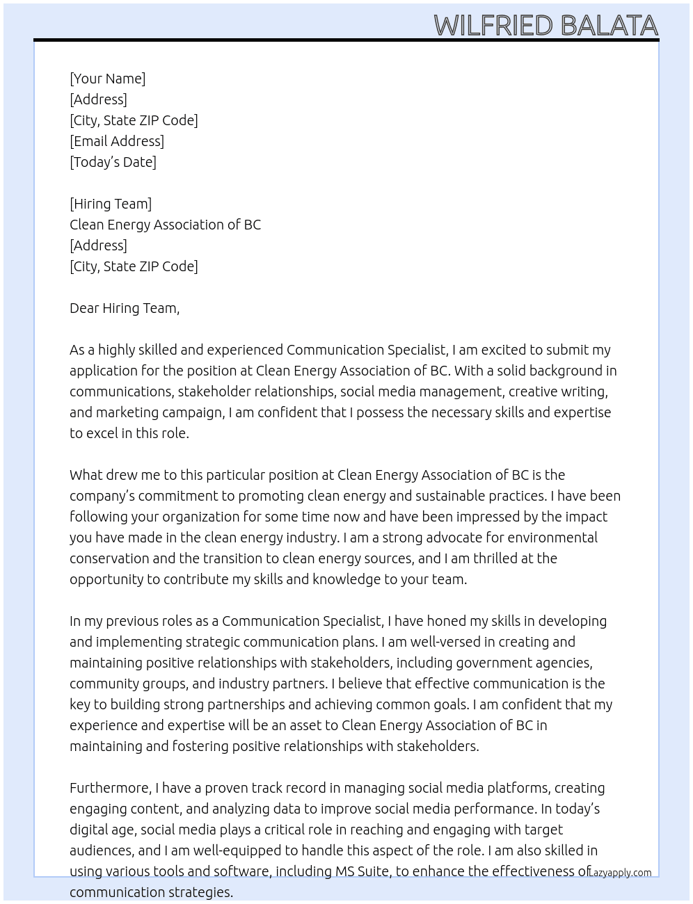 Communication Specialist  At Clean Energy Associaation of BC Cover Letter