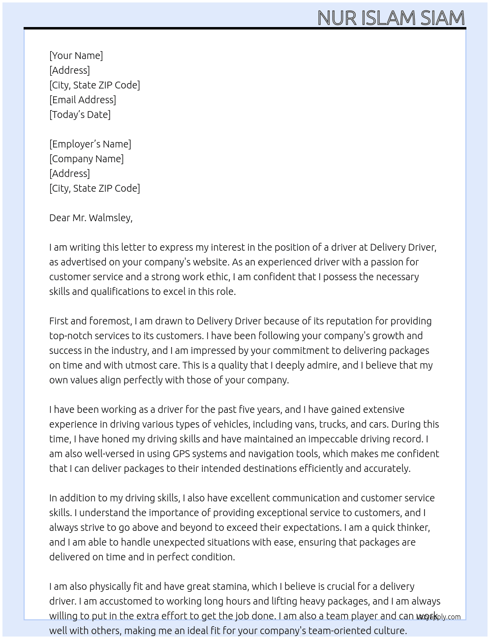 driver At Delivery Driver Cover Letter