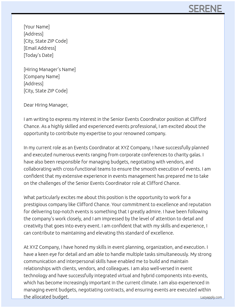 Senior Events Coordinator  At Clifford Chance  Cover Letter