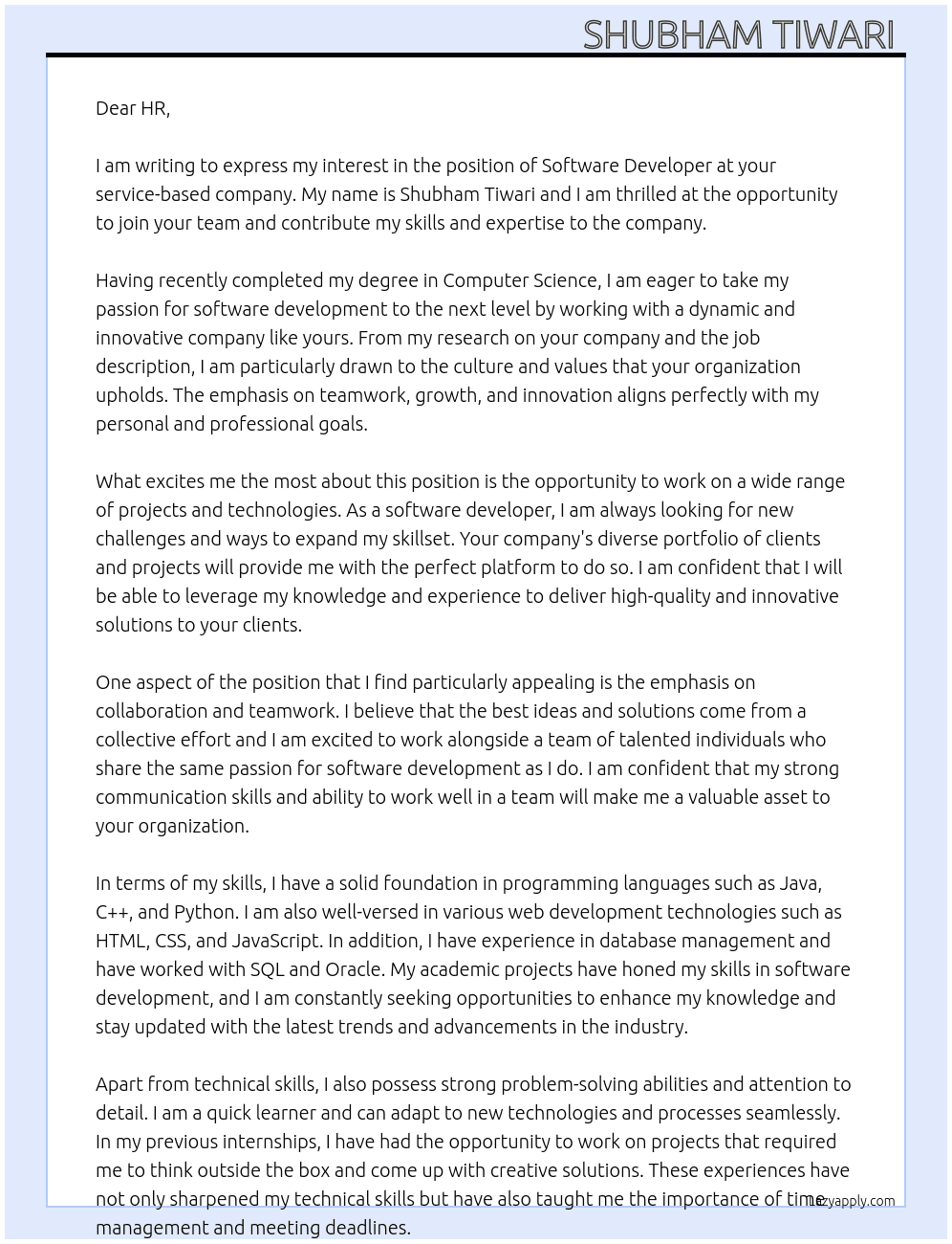 software developer  At service based company Cover Letter