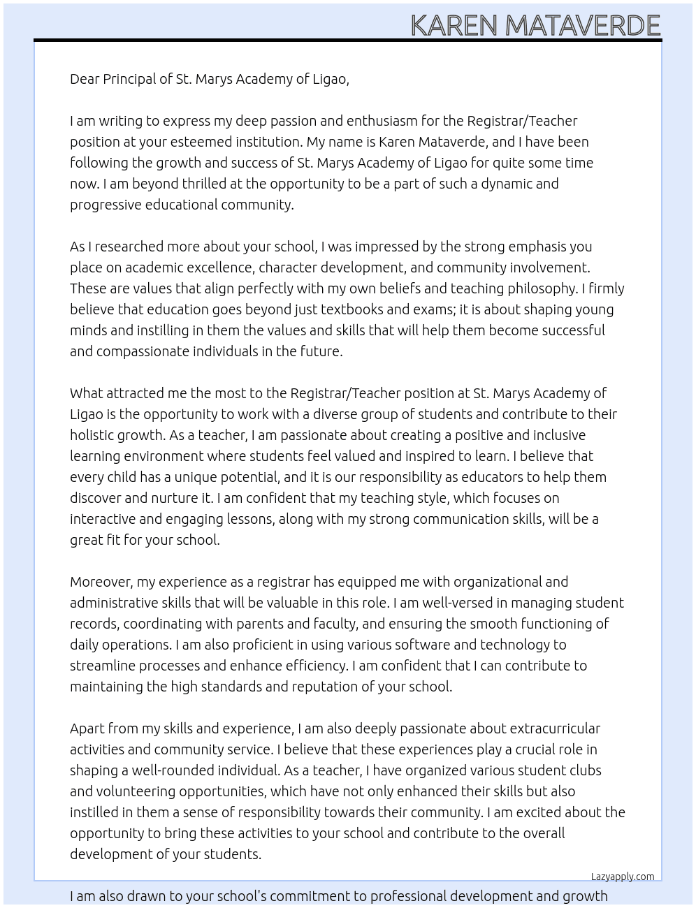 Registrar/Teacher At St. Marys Academy of Ligao Cover Letter
