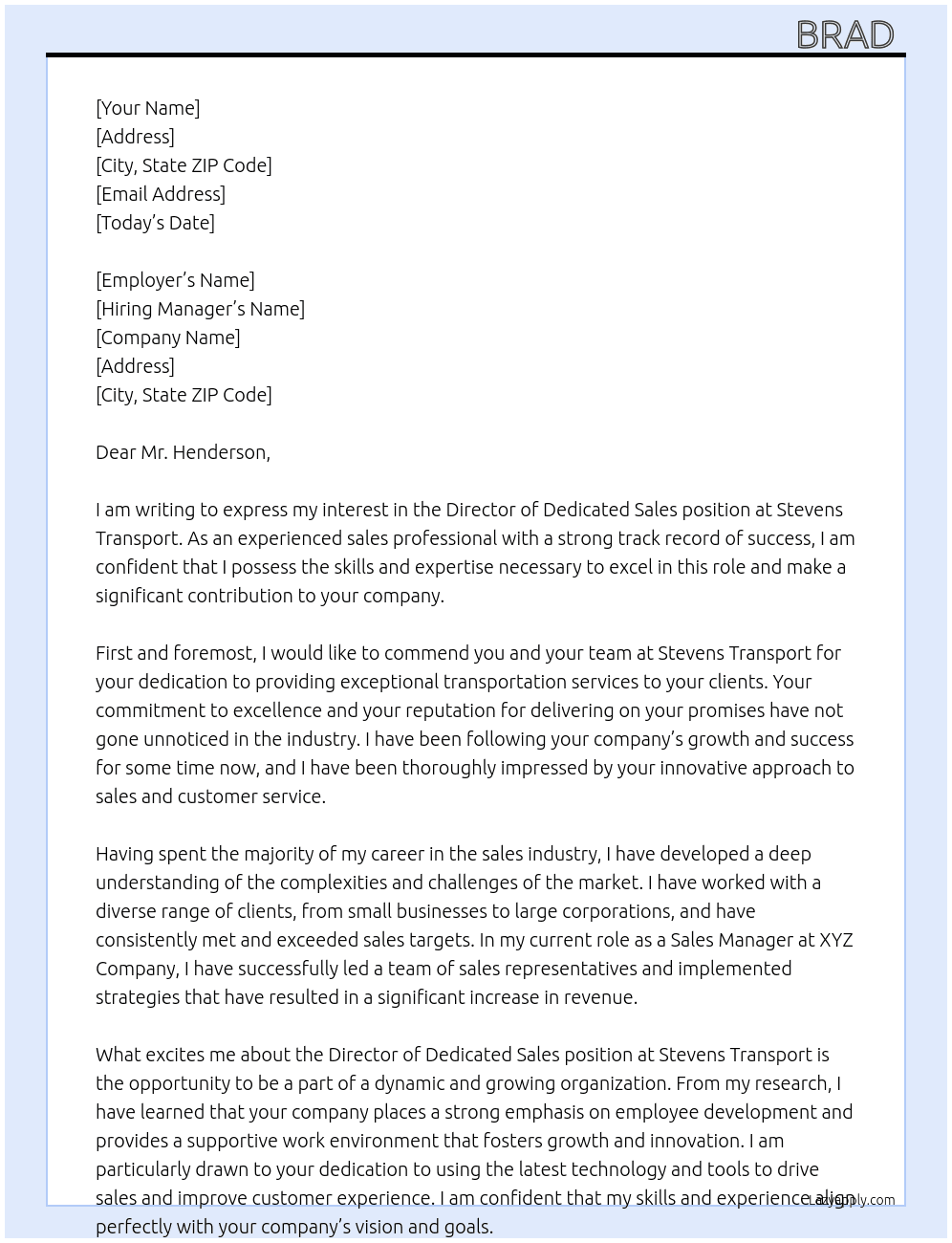 Director of Dedicated Sales At Stevens Transport Cover Letter