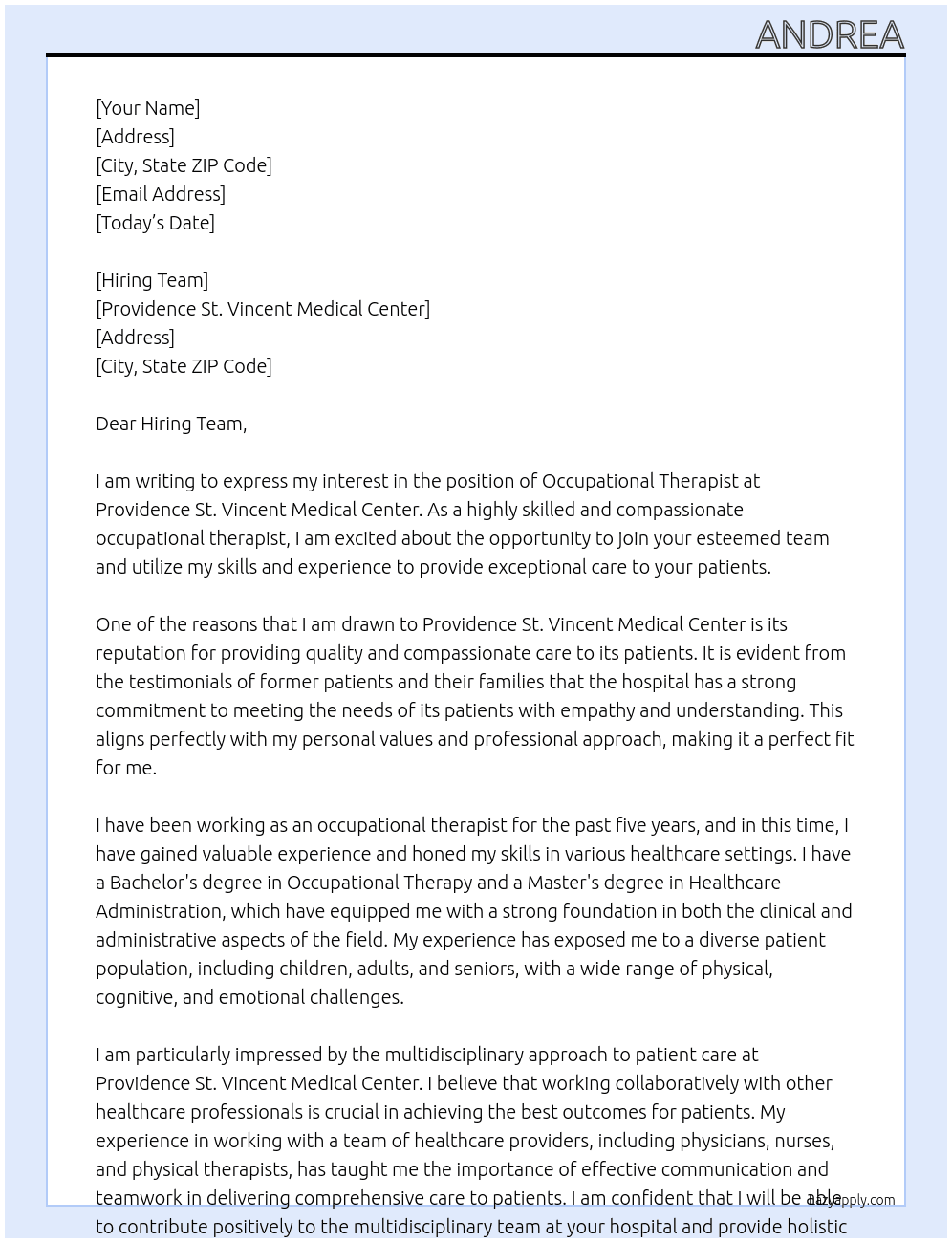 Occupational Therapist At Providence St. Vincent Medical Center Cover Letter