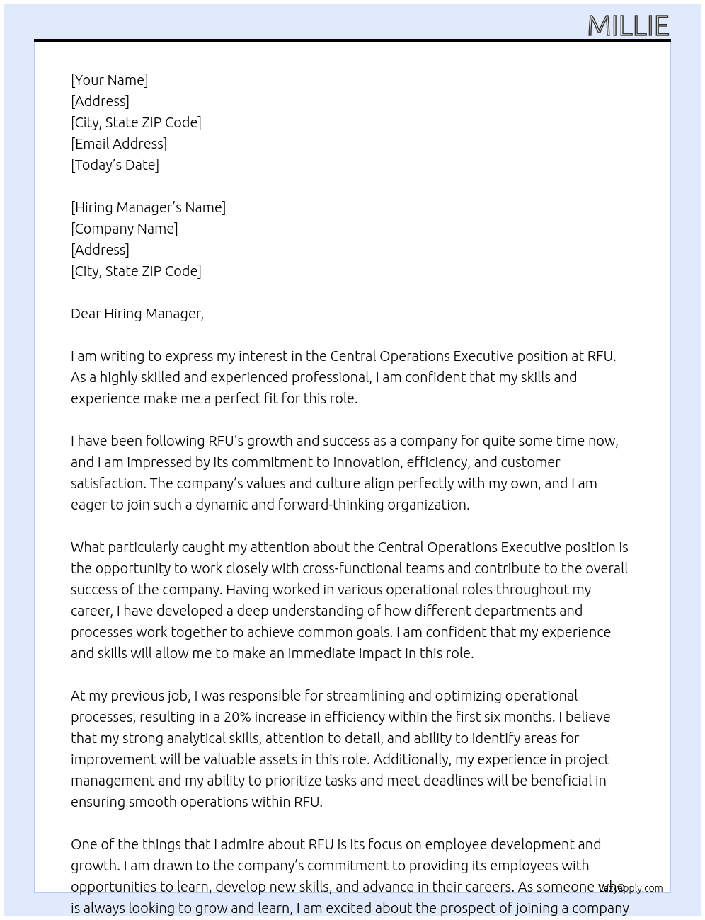 Central Operations Executive At RFU Cover Letter