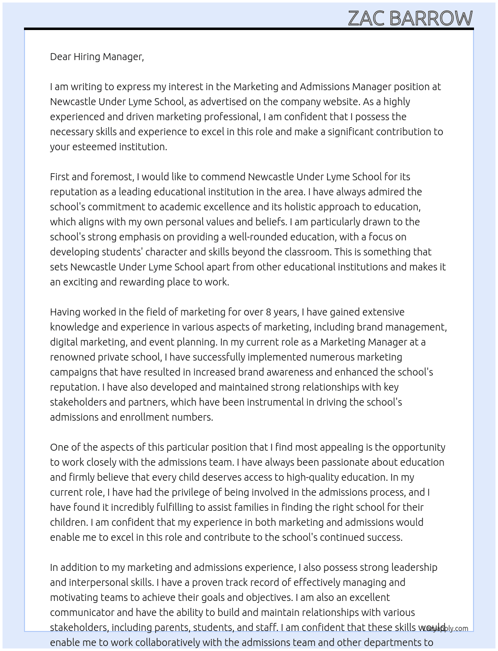 Marketing and Admissions Manager At Newcastle Under Lyme School Cover Letter