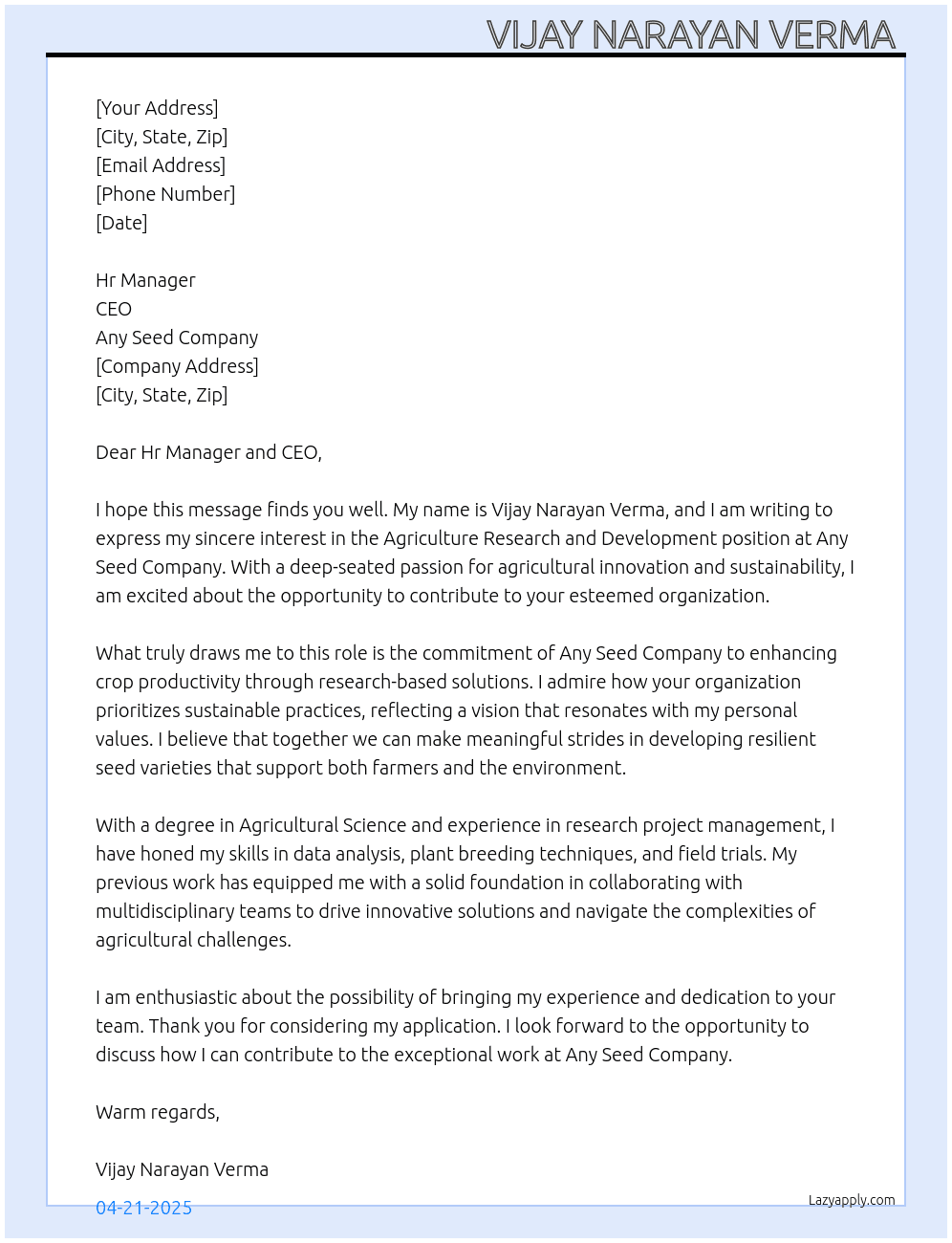 Agriculture research and development  At Any Seed company  Cover Letter