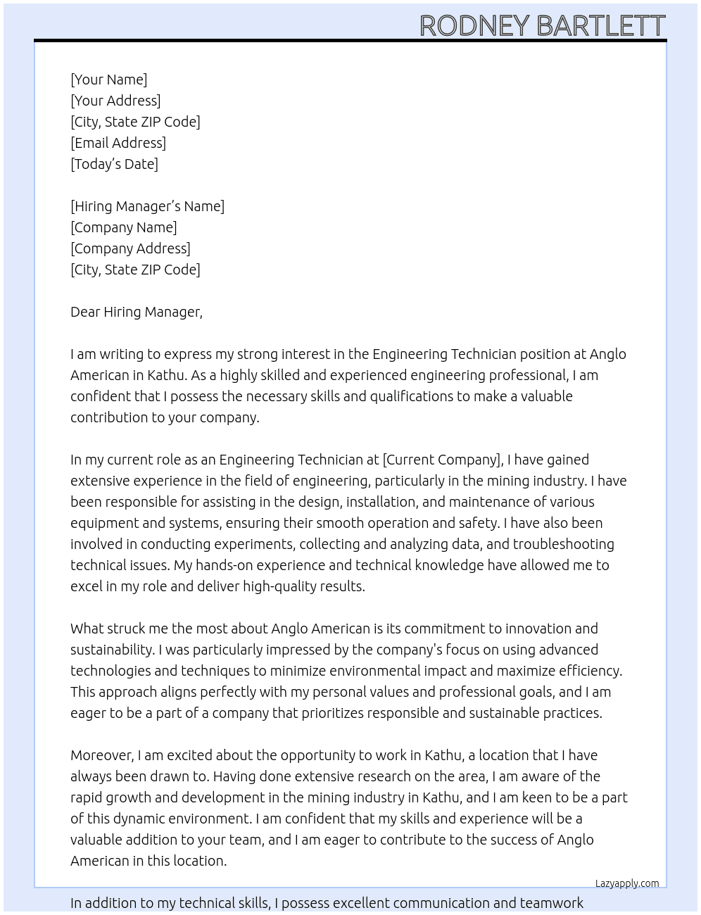 Engineering Technician  At Anglo American  Cover Letter
