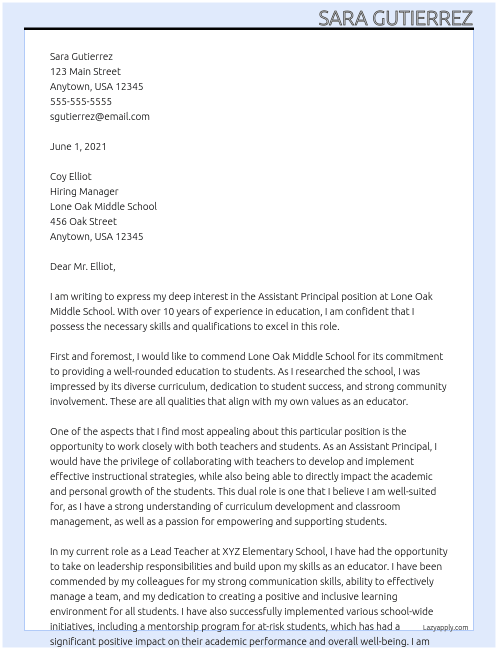 Assistant Principal At Lone Oak Middle School Cover Letter