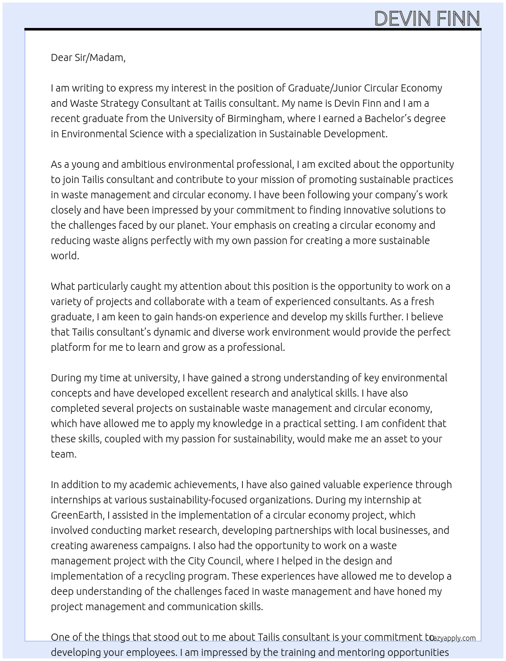 Graduate/Junior Circular Economy and Waste Strategy Consultant At Tailis consultant Cover Letter