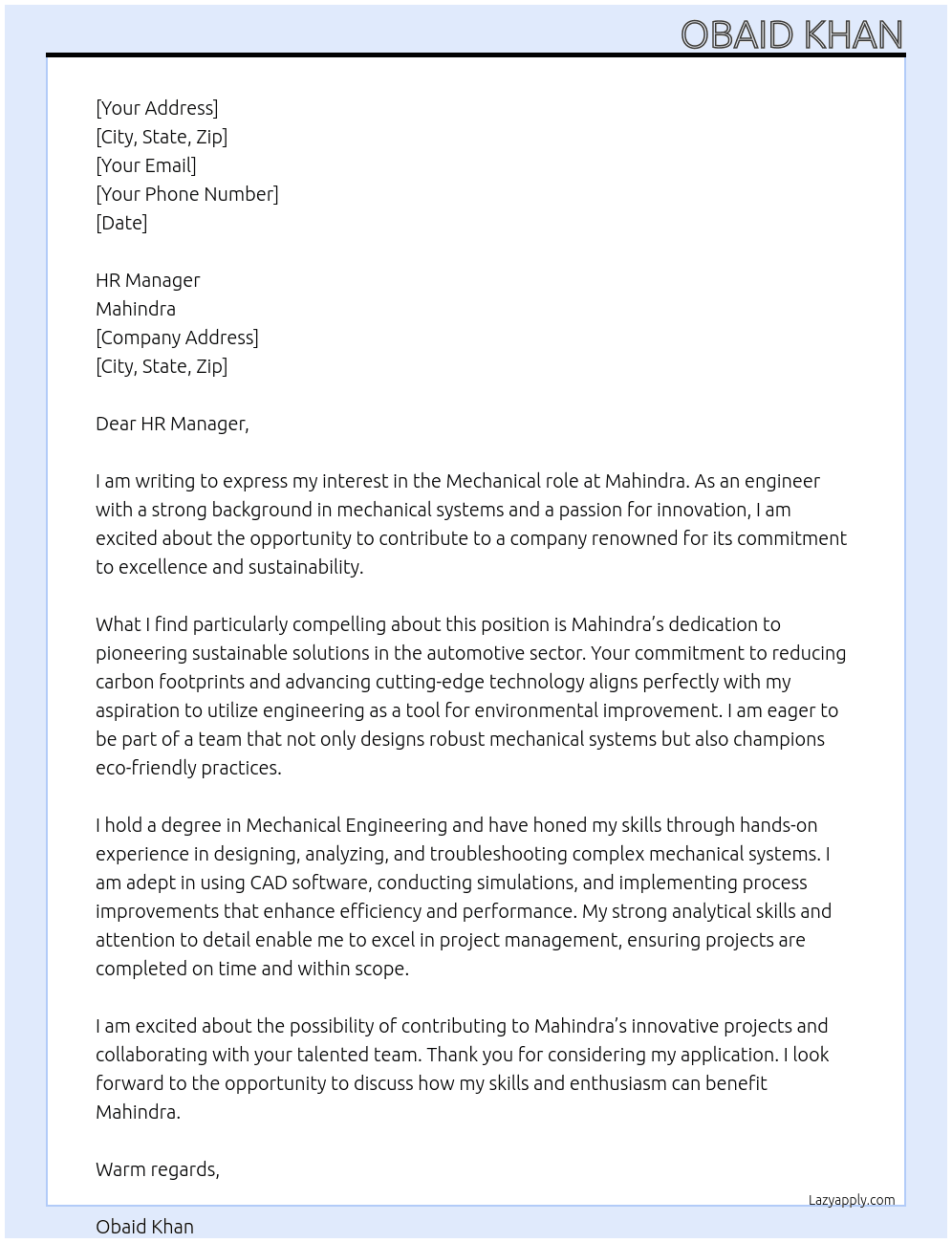 Cover letter for mechanical role - LazyApply