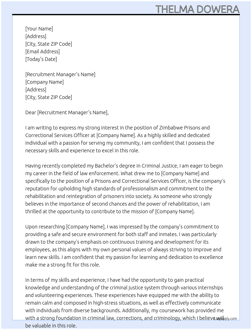 Zimbabwe Prisons and Correctional Services Officer At Zimbabwe Prisons and Correctional Services Cover Letter