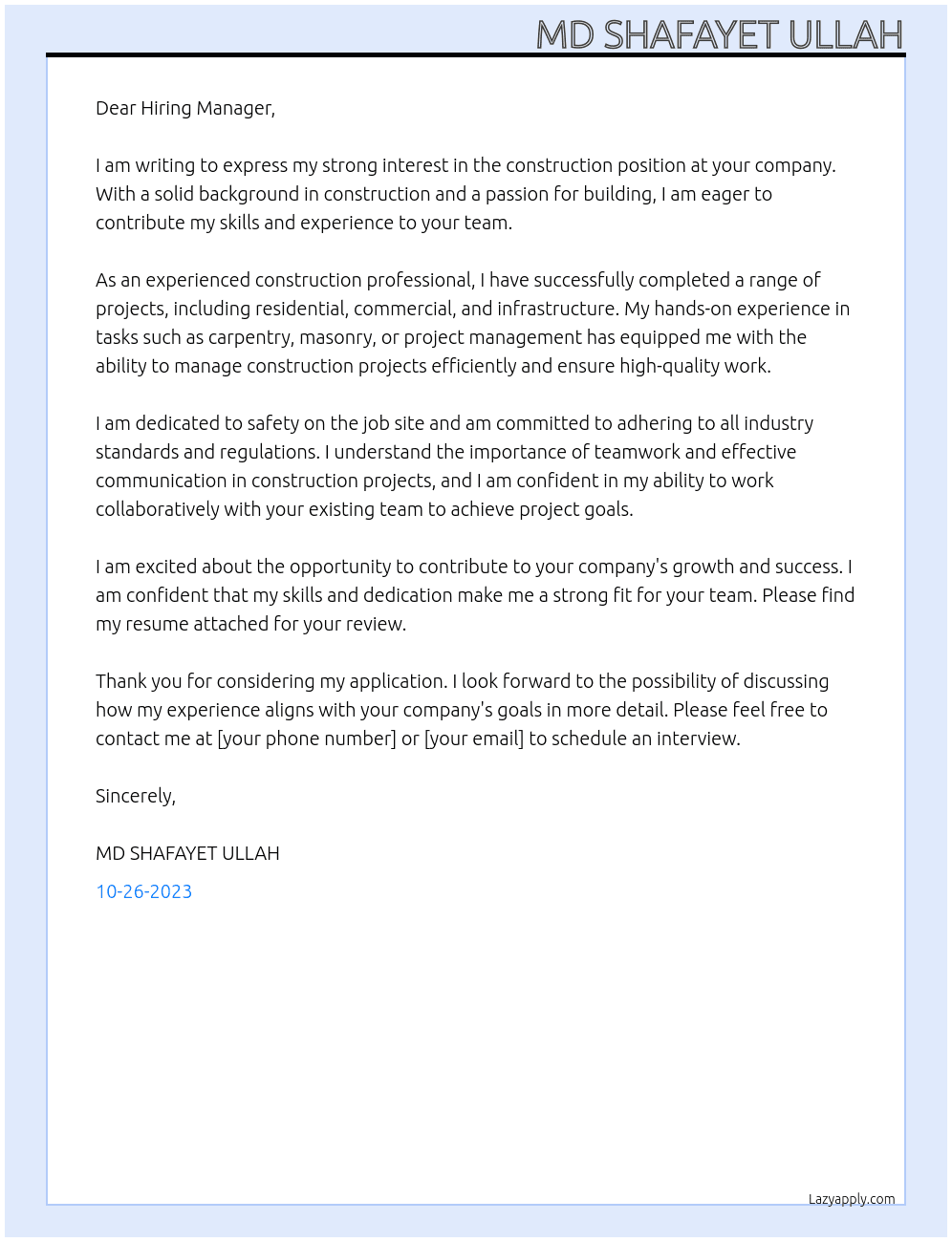 Cronsrtuction, labour  At ikonic walls and ceilings LTD Cover Letter