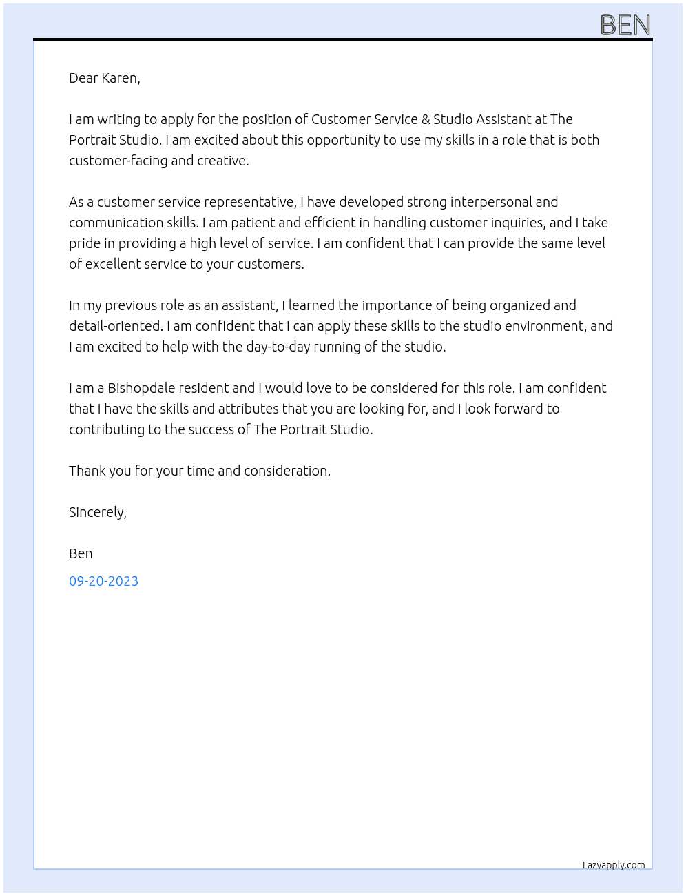 Customer Service & Studio Assistant At The Portrait studio Cover Letter