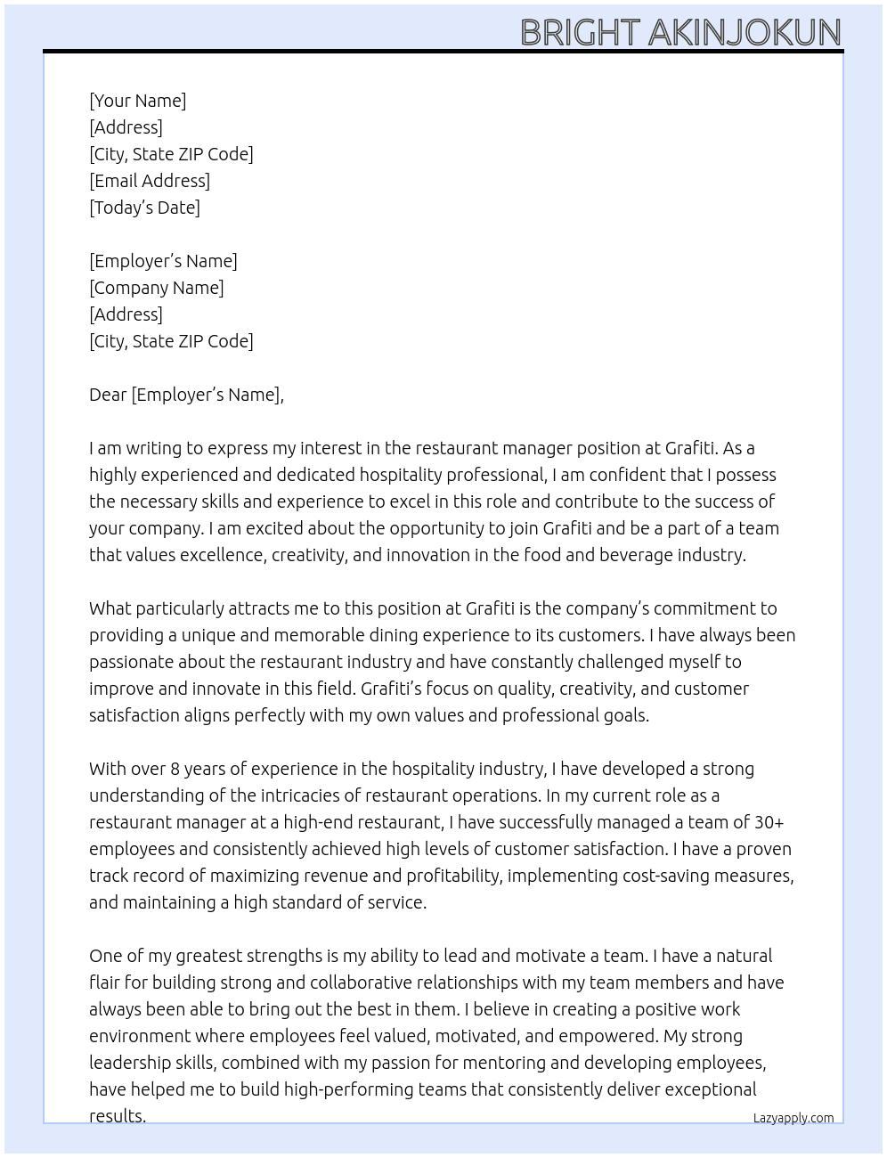 restaurant manager At Grafiti Cover Letter