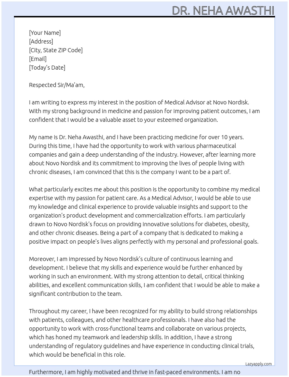 MEDICAL ADVISOR At Novo Nordisk Cover Letter