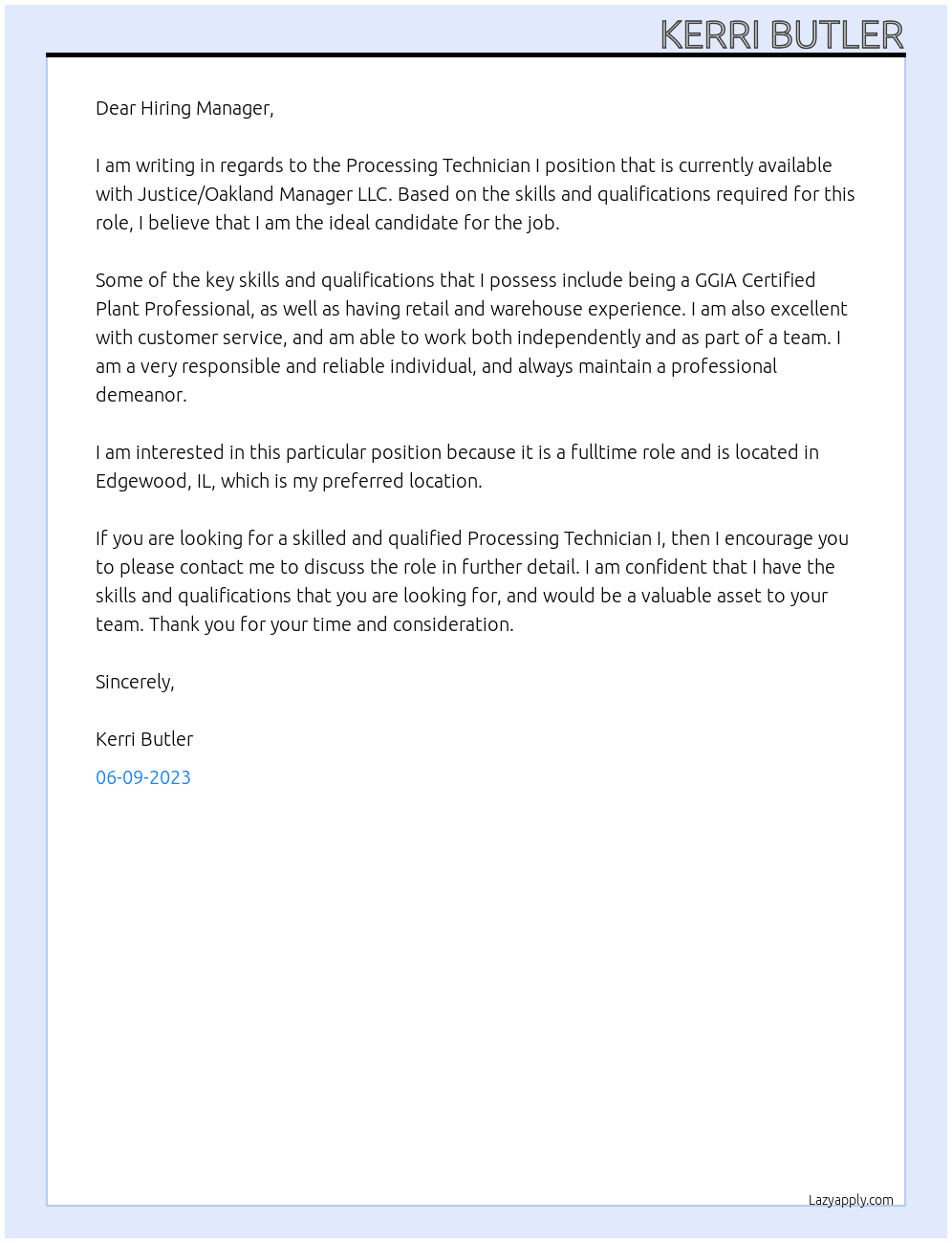 Processing Technician I At Justice/Oakland Manager LLC Cover Letter
