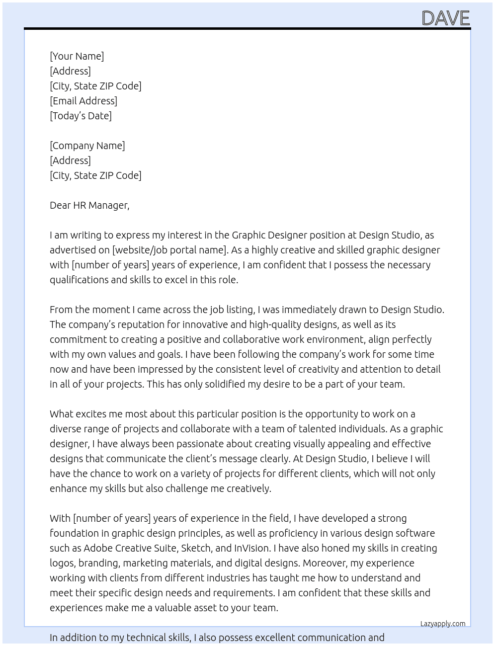 graphic designer At design studio Cover Letter