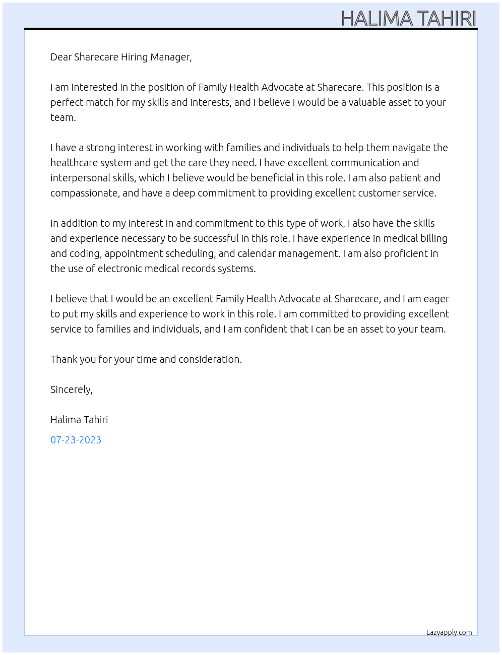 Family Health Advpcate At ShareCare Cover Letter