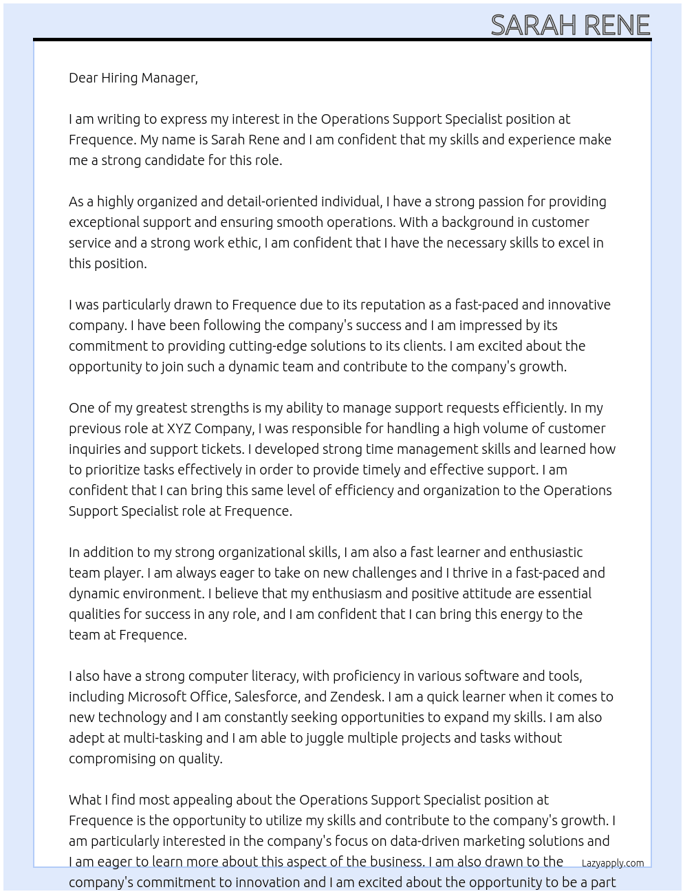 Operations Support Specialist At Frequence Cover Letter
