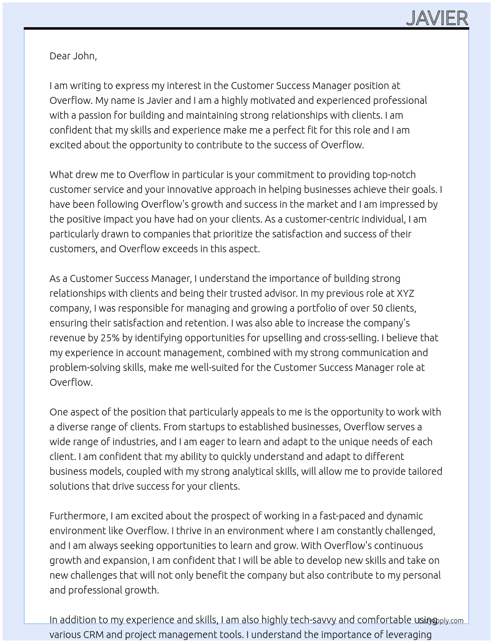 Customer Success Manager At Overflow Cover Letter