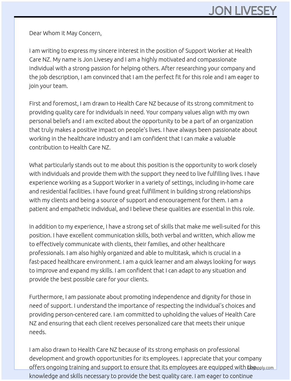 Support Worker At Health Care NZ Cover Letter