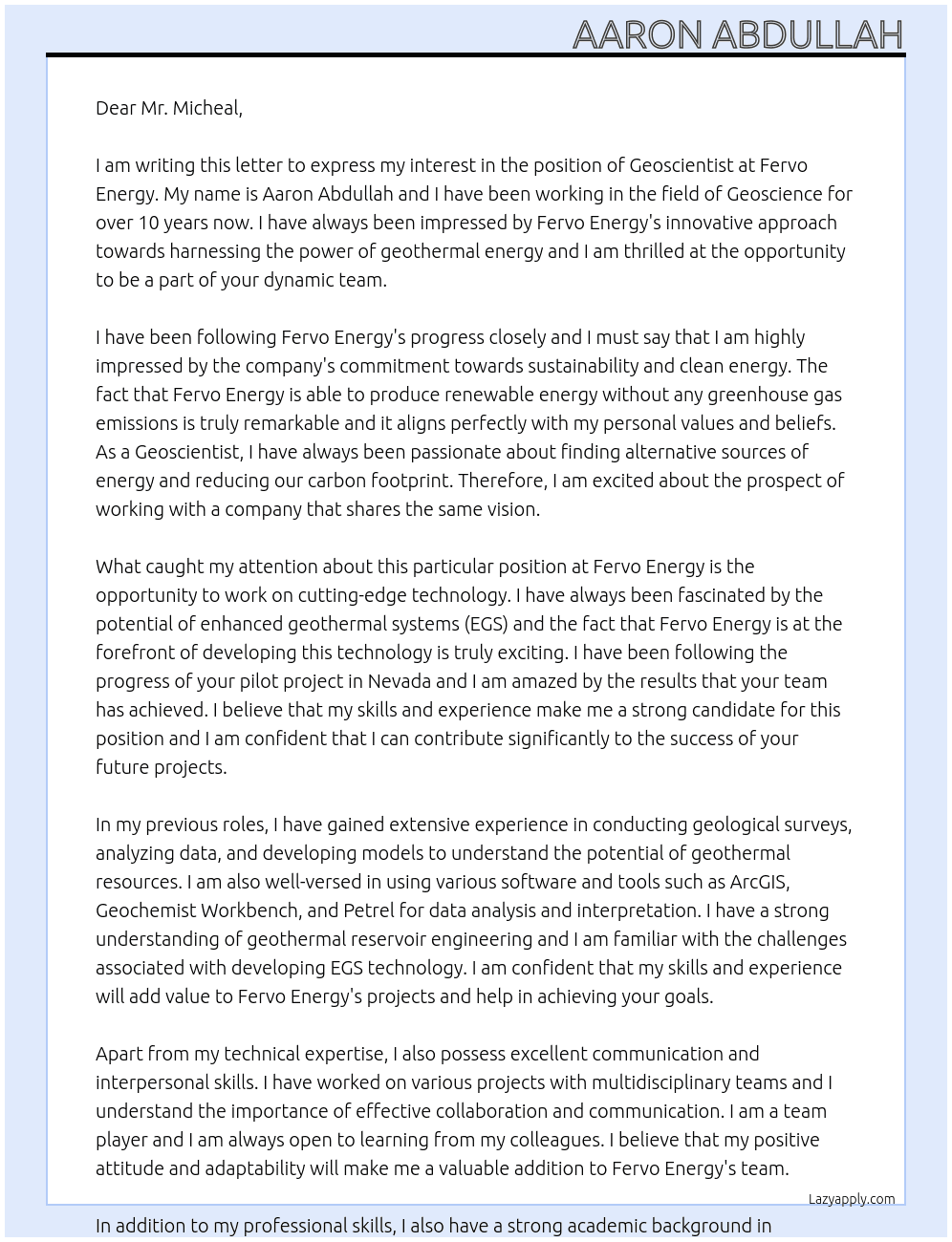 Geoscentist At Fervo Energy Cover Letter