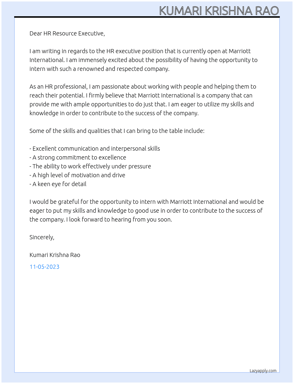 HR EXECUTIVE At MARRIOTE INTERNATIONAL Cover Letter