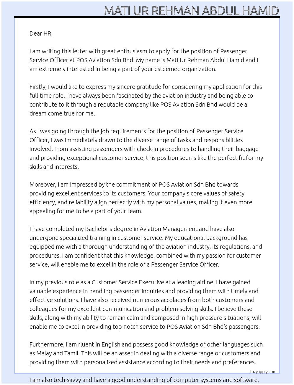 PASSENGER SERVICE OFFICER At POS AVIATION SDN BHD Cover Letter
