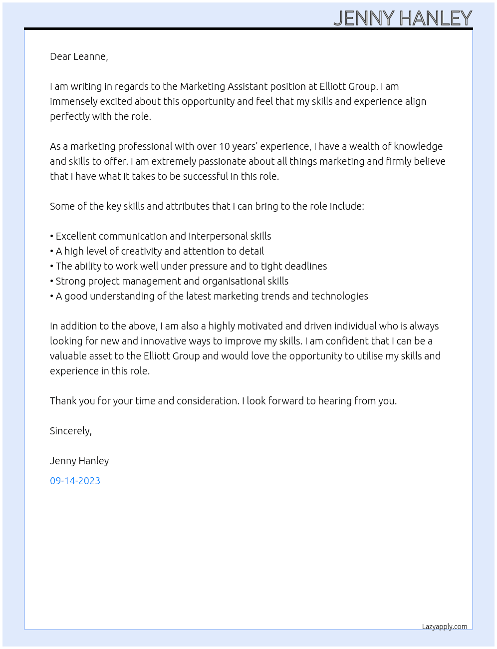 Marketing Assistant At Elliott Group Cover Letter