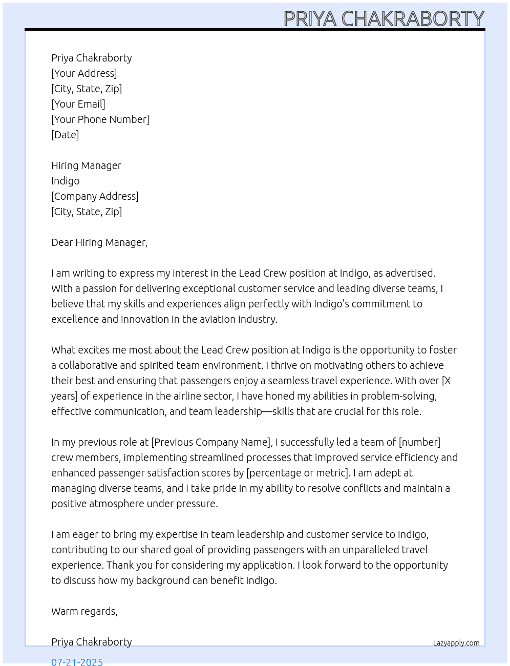 Cover letter for lead crew - LazyApply
