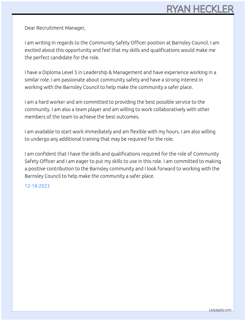 Community Safety Officer At Barnsley Council Cover Letter