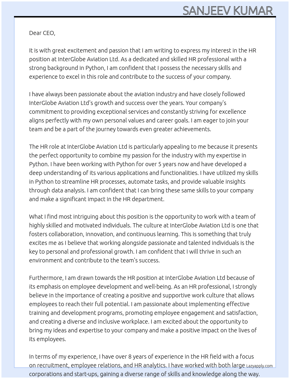 HR At InterGlobe Aviation Ltd Cover Letter
