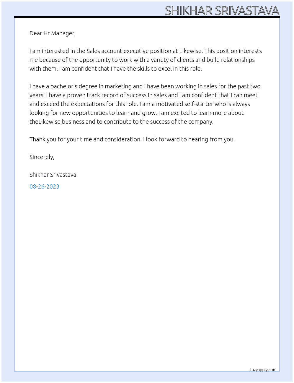Sales account executive  At Likewise Cover Letter