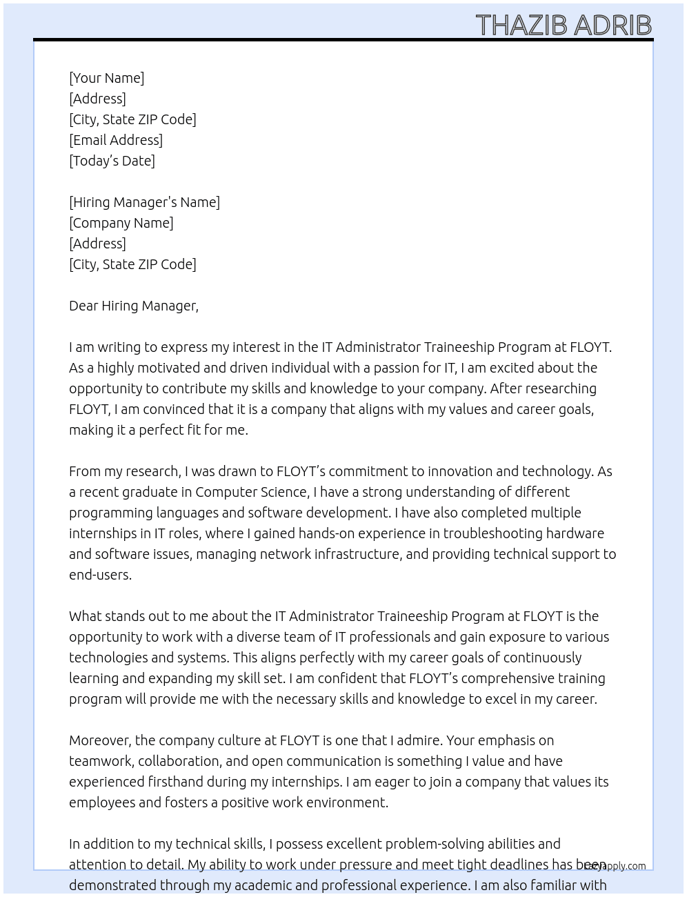 IT Administrator Traineeship Program At FLOYT Cover Letter