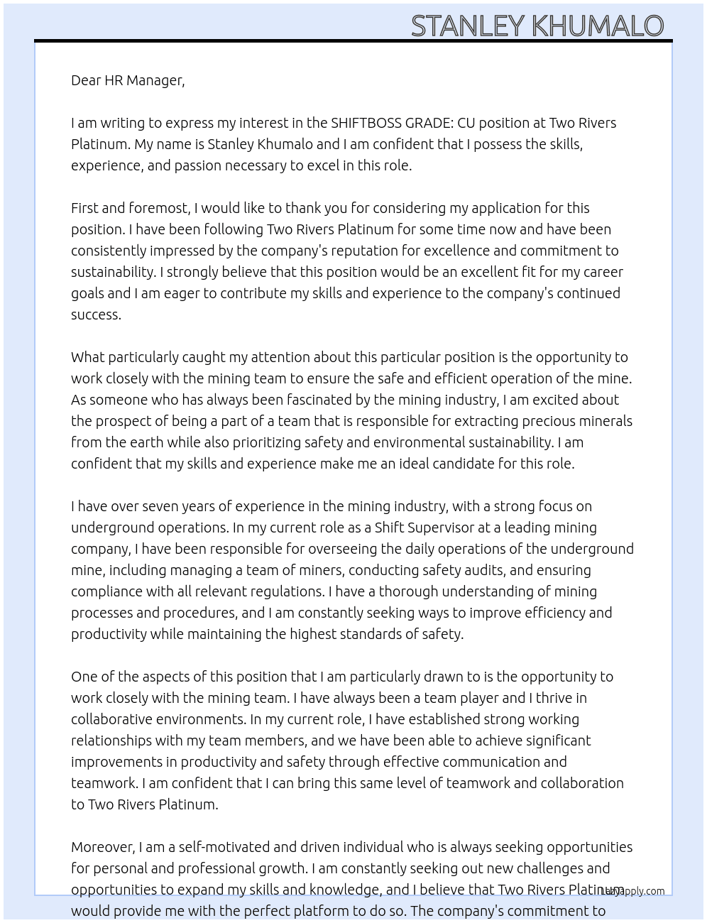SHIFTBOSS GRADE: CU At Two Rivers platinum  Cover Letter