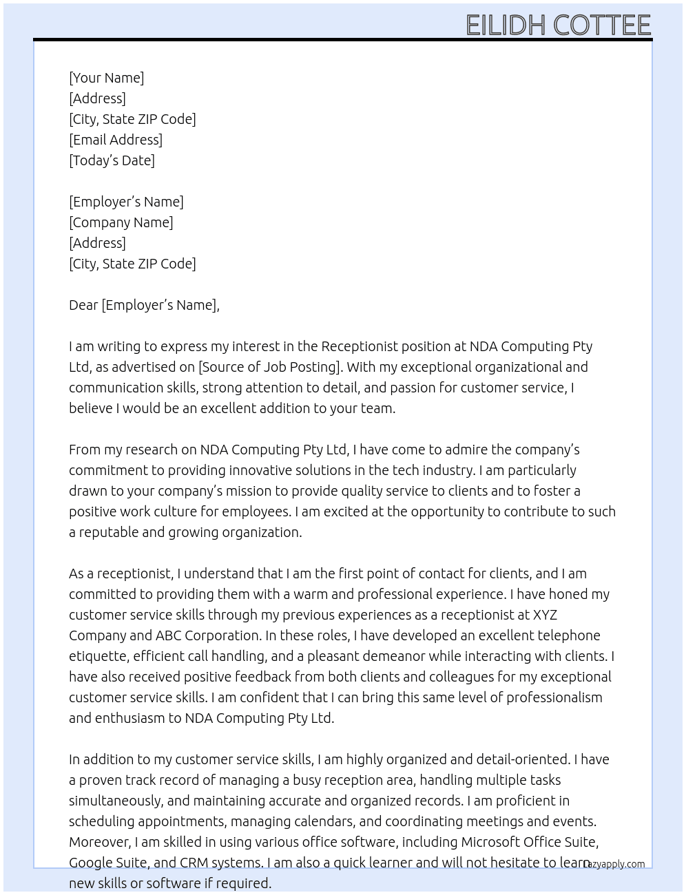 Receptionist At NDA Computing Pty Ltd Cover Letter