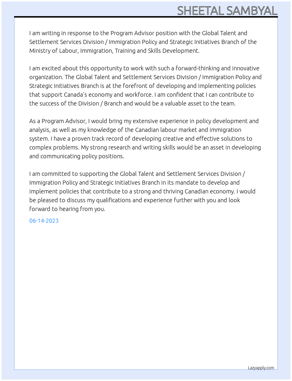 Program Advisor At Ministry of Labour, Immigration, Training and Skills Development Cover Letter