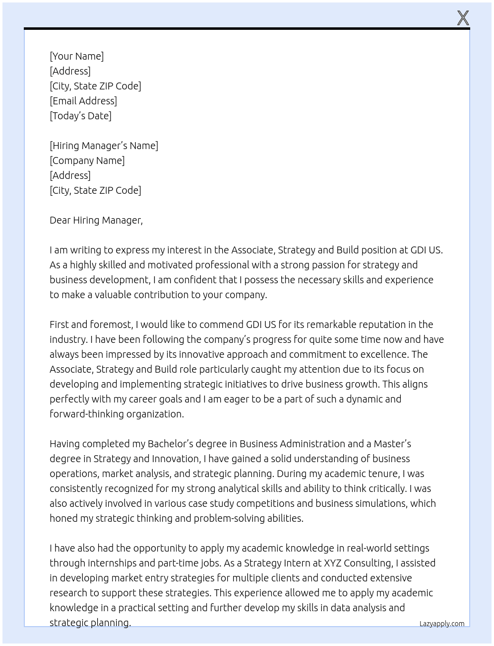 Associate, Strategy and Build At GDI US Cover Letter